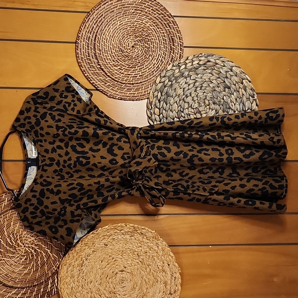 SM Wardrobe leopard print brown and black corduroy belted dress size medium